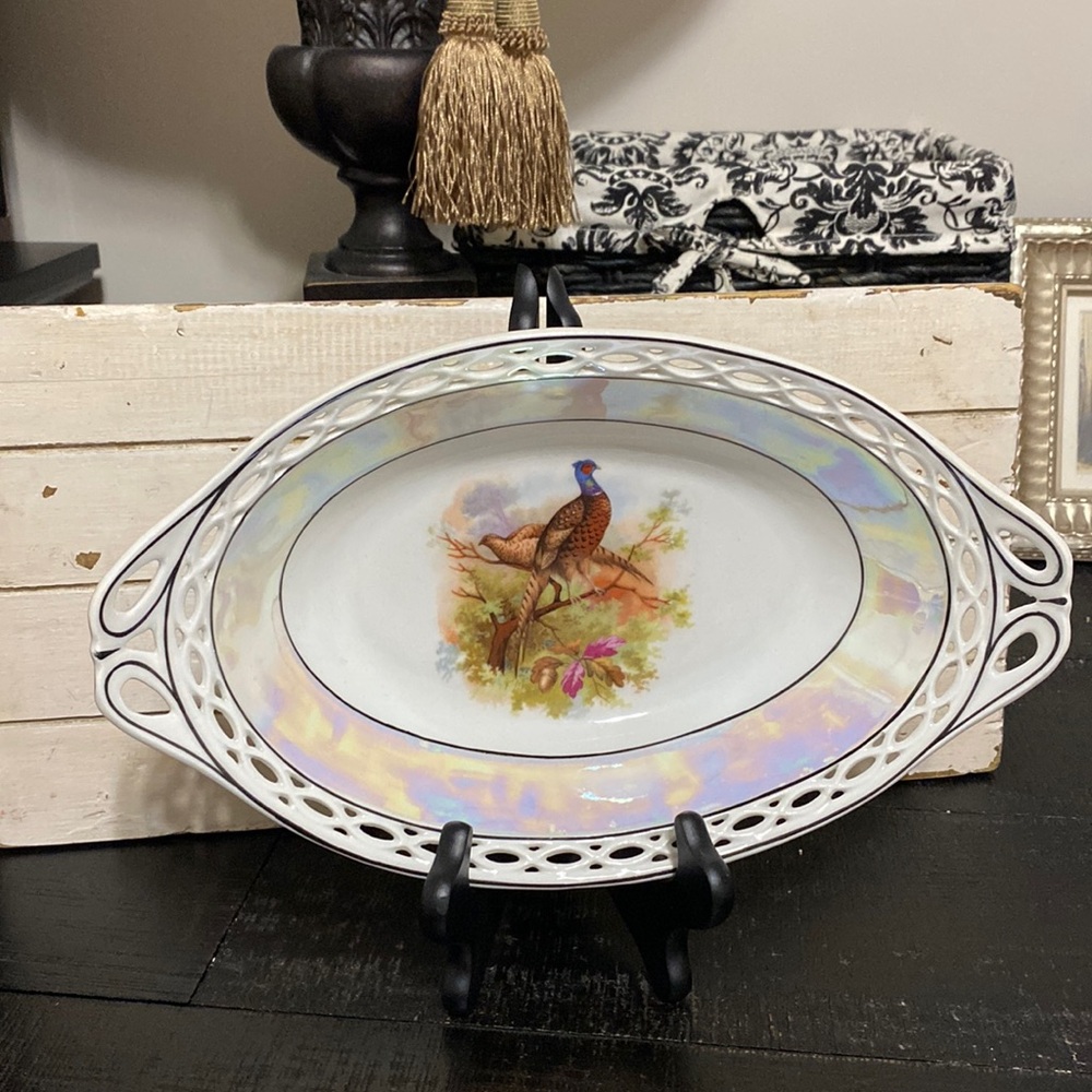 Retsch & Co. Reticulated Oval Porcelain Bavaria Pheasant Bowl!